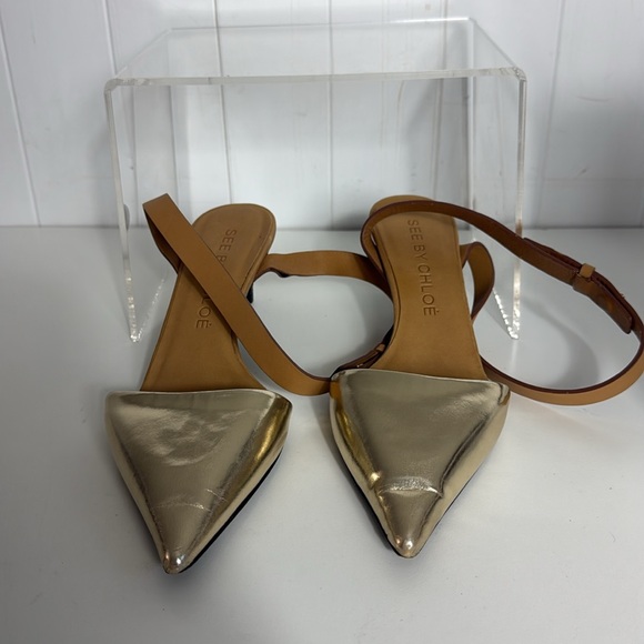 See By Chloe Gold Toe Tan Ankle Strap As Is Shoes - Picture 3 of 5